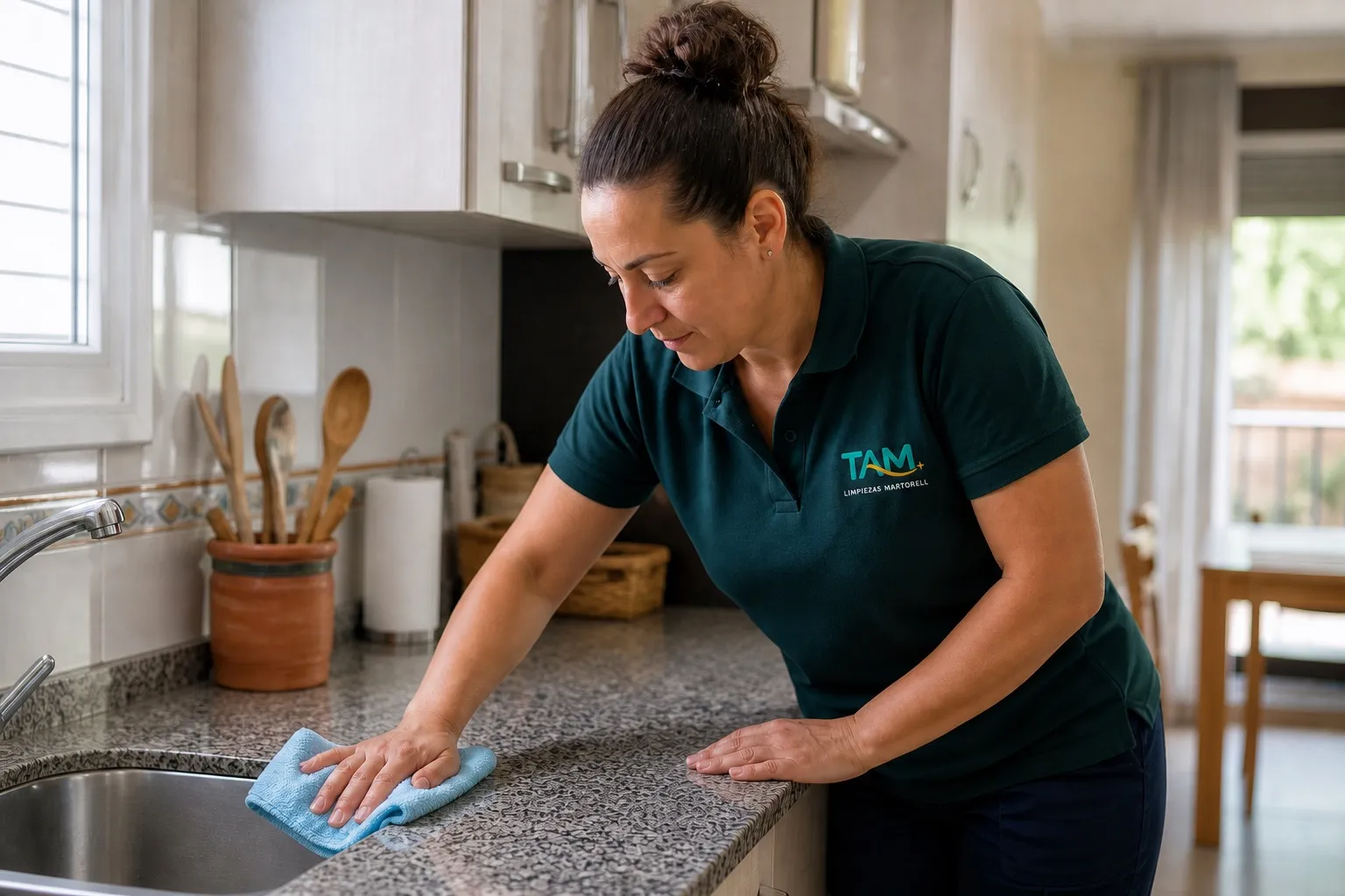 Profesional de TAM limpiando la encimera de una vivienda en Martorell