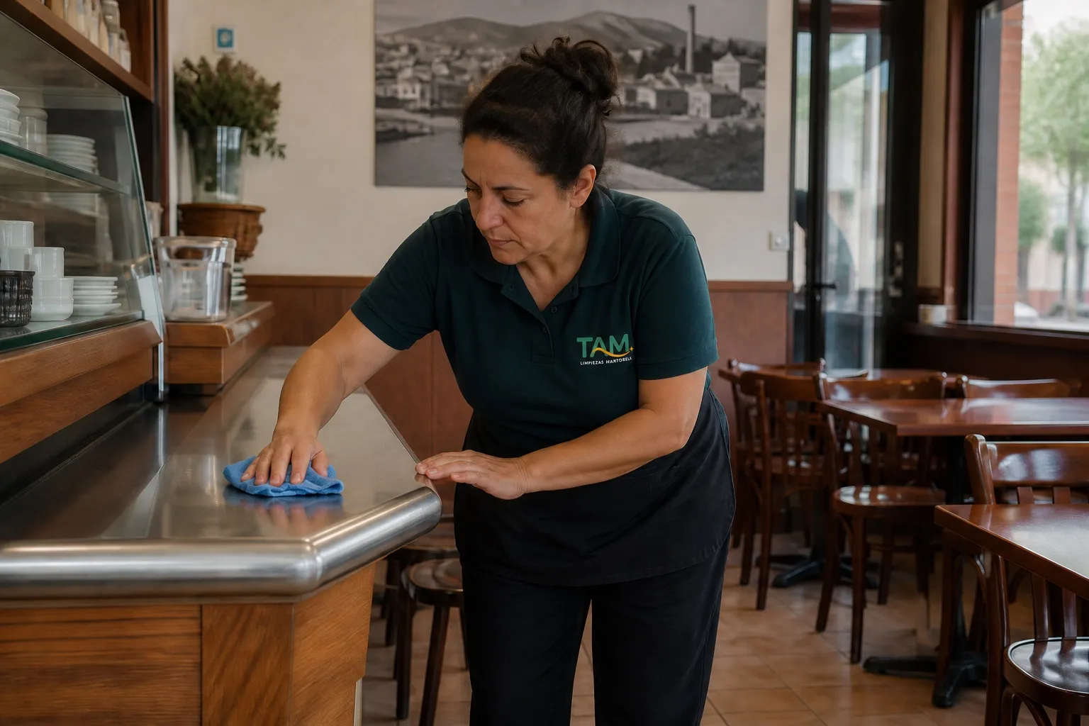 Profesional de TAM limpiando la barra de un establecimiento antes de abrir