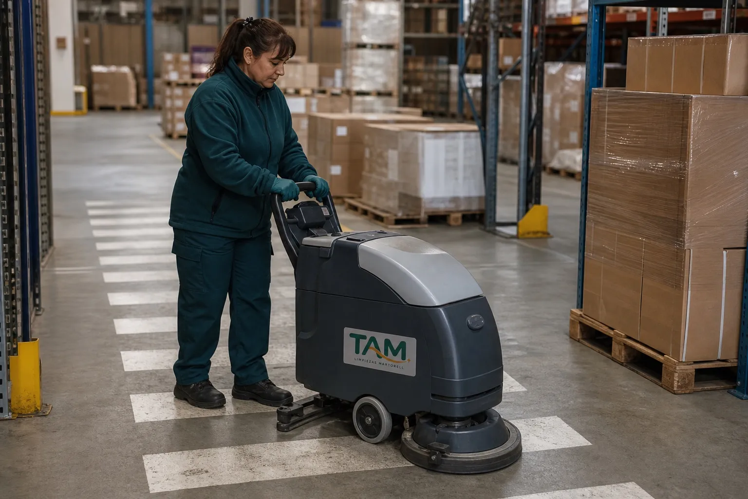 Profesional utilizando una fregadora de TAM en una zona de tránsito industrial