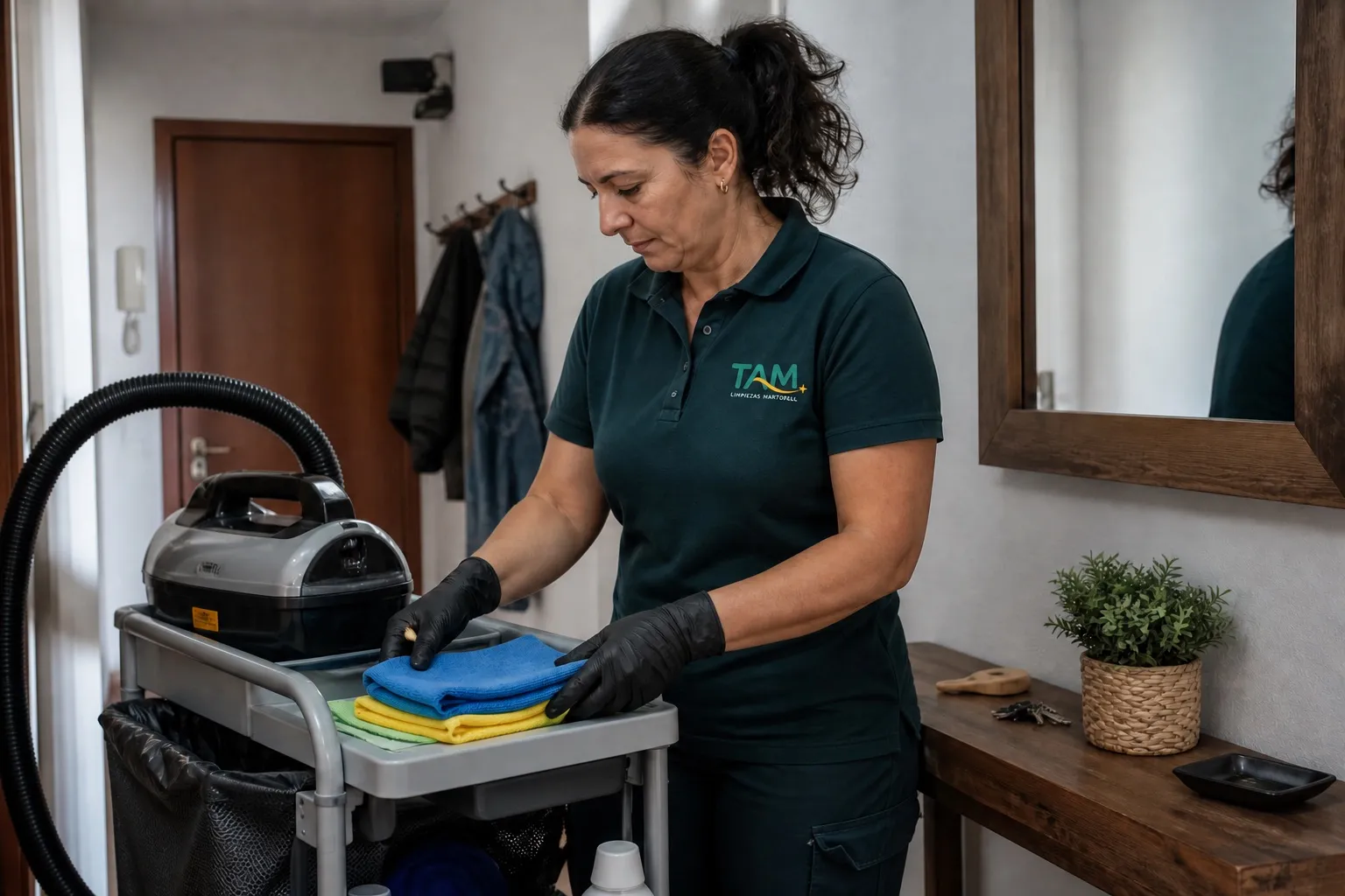 Profesional de TAM preparando el material para una limpieza de mantenimiento
