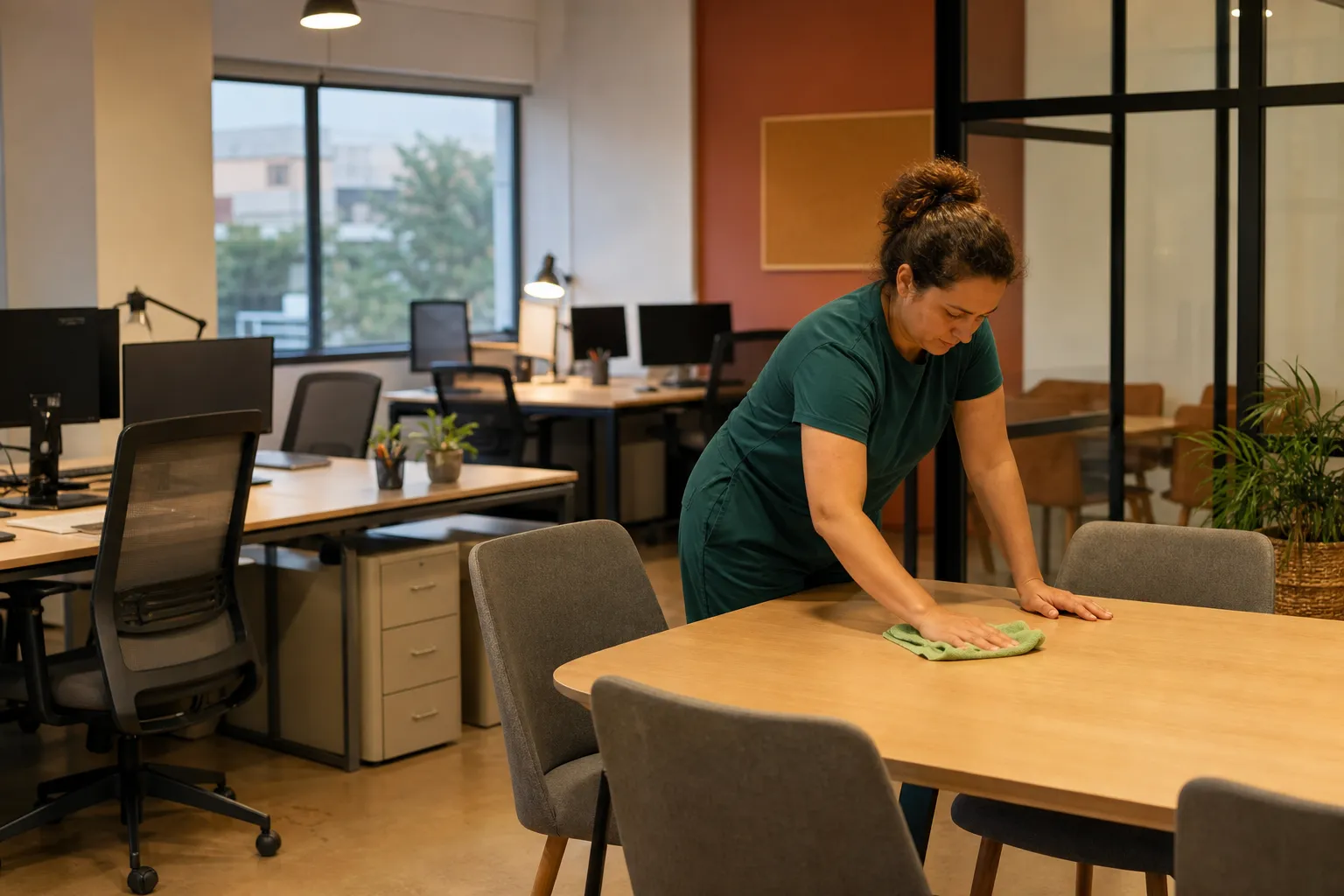 Profesional limpiando una mesa de reunión en una oficina