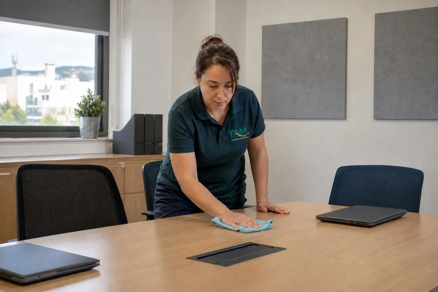Profesional de TAM limpiando una mesa de reunión en una oficina